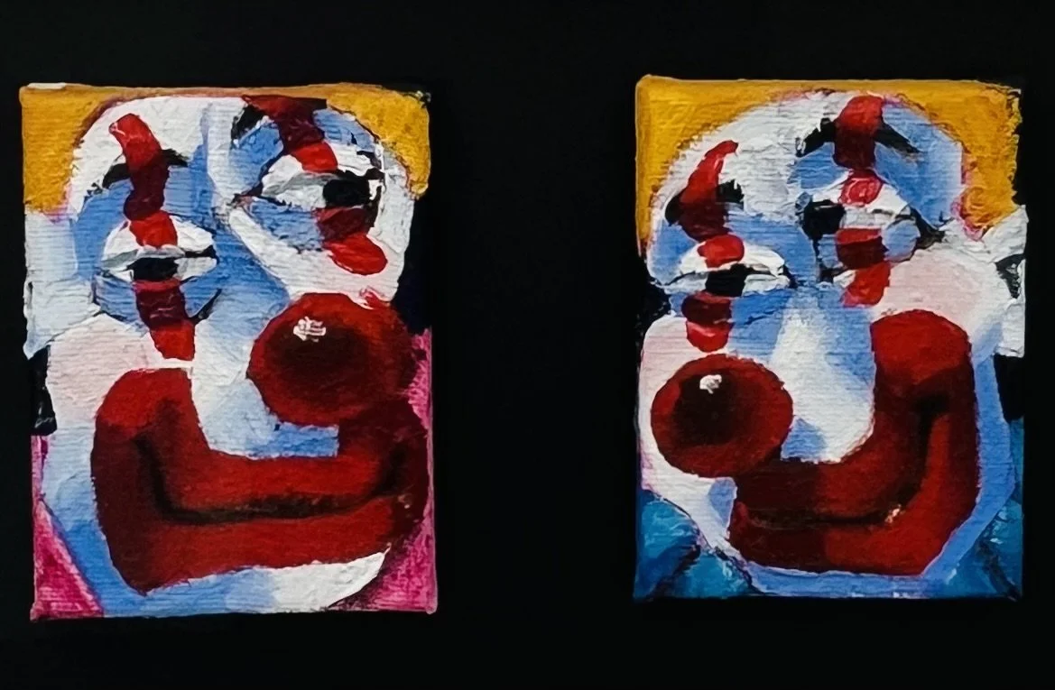  Barrell Clowns, 2026, oil on canvas, diptych, 41 x 59cm framed&nbsp;&nbsp;&nbsp;&nbsp;&nbsp;&nbsp;&nbsp;&nbsp;&nbsp;&nbsp;&nbsp;&nbsp;&nbsp;&nbsp;&nbsp;&nbsp;&nbsp;&nbsp;&nbsp;&nbsp;&nbsp;&nbsp;&nbsp;&nbsp;&nbsp;&nbsp;&nbsp;&nbsp;&nbsp;&nbsp;&nbsp;&