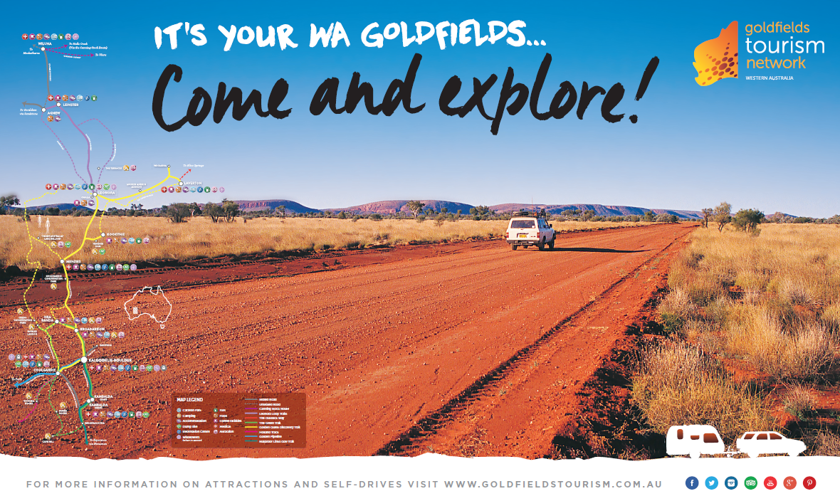  Begin planning your outback adventure on the Golden Quest Discovery Trail. Map image supplied courtesy of the Goldfields Tourism Network Inc. 