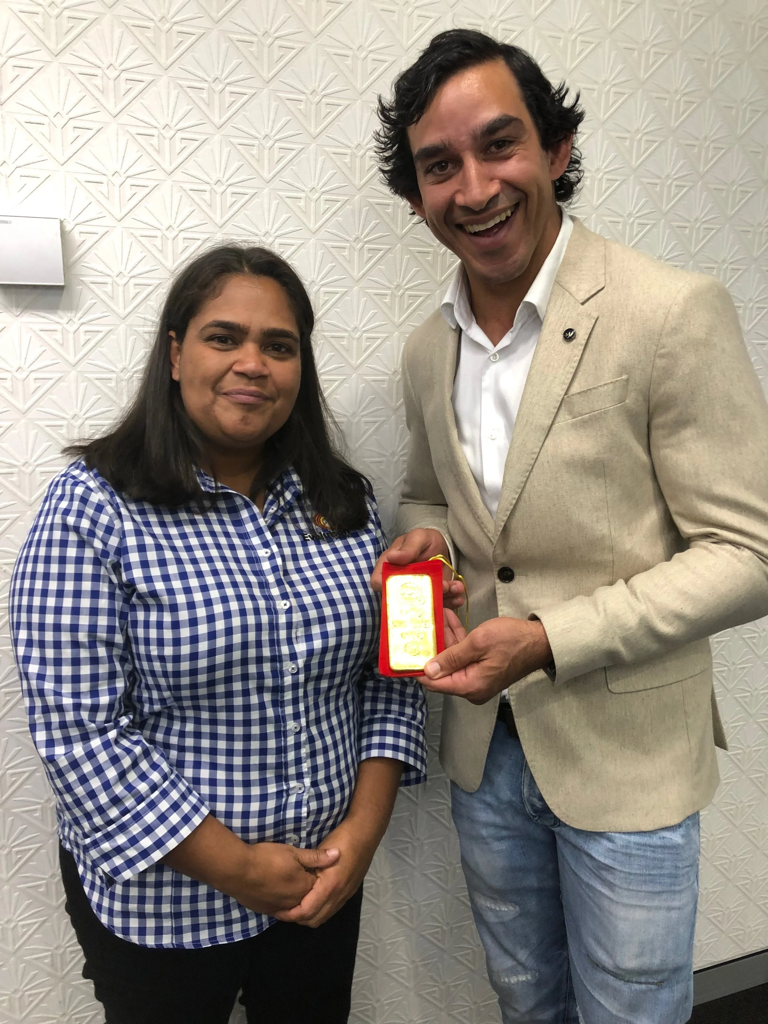 Evolution Mining Group Community Relations Advisor Charmaine Saltner with Johnathan Thurston AM.