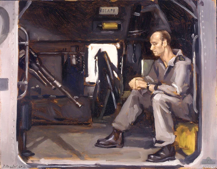 Sitting inside the helicopter, HMAS Kanimbla