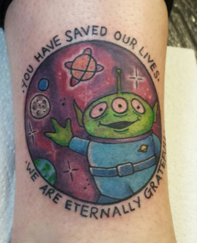 Toy Story Alien: Tattooed by Dan, designed by Abbey.