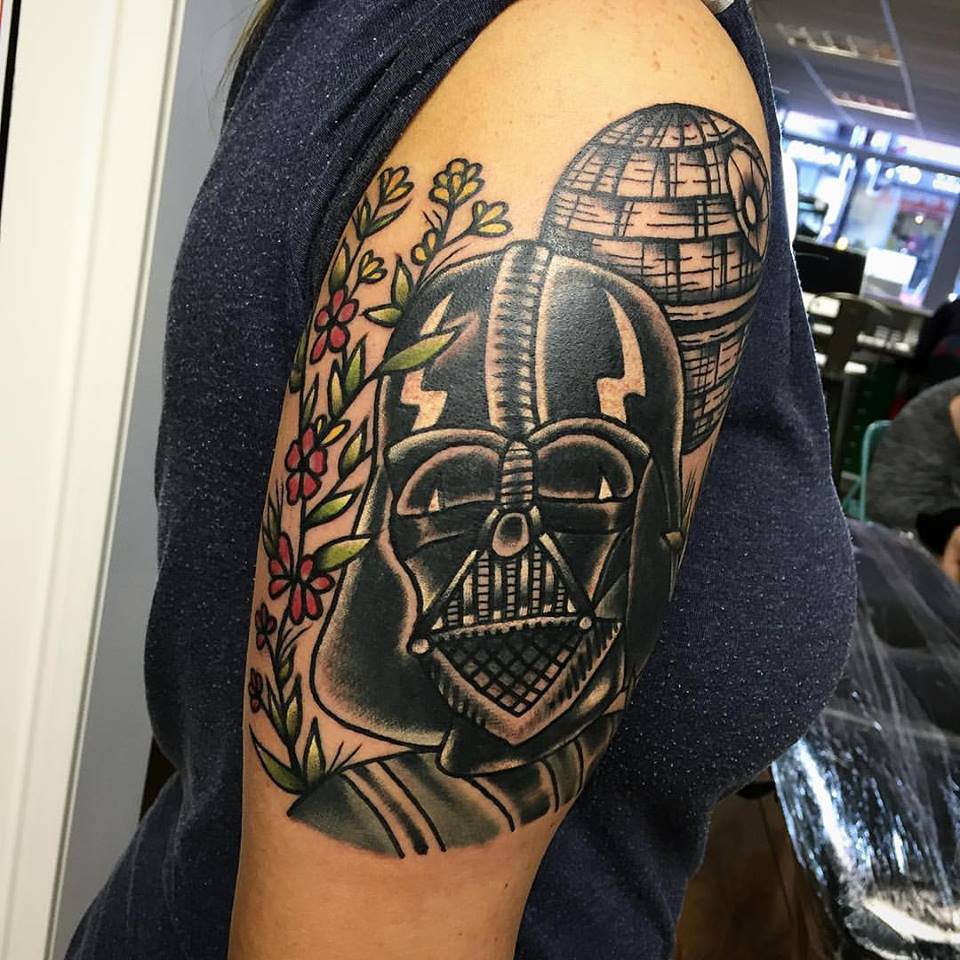 Hannah got an awesome start on a Star Wars inspired sleeve with this badass Darth and Death Star piece! 