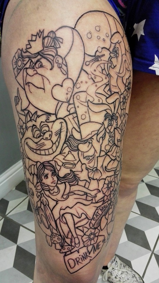 Val went down the rabbit hole on getting all these lines down for a sweet Alice In Wonderland thigh piece she has started on. Will get a picture up of this once its finished. 