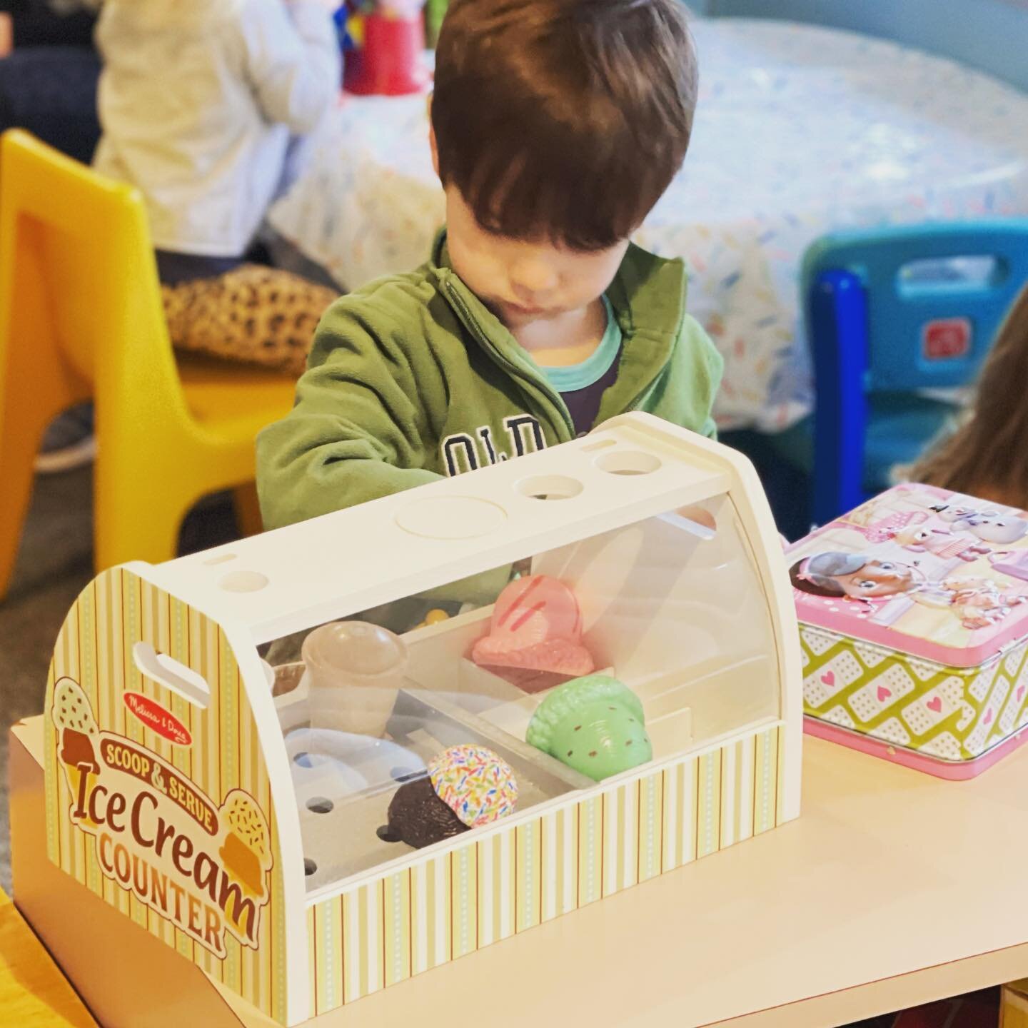 New ice cream play set! We switch out the creative and dramatic play props every month!