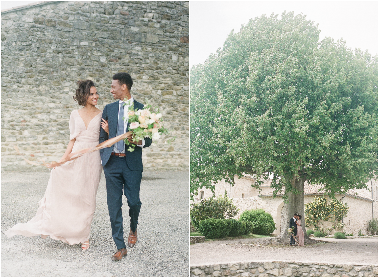 Gorgeous black bride and groom in Provence under a big tree