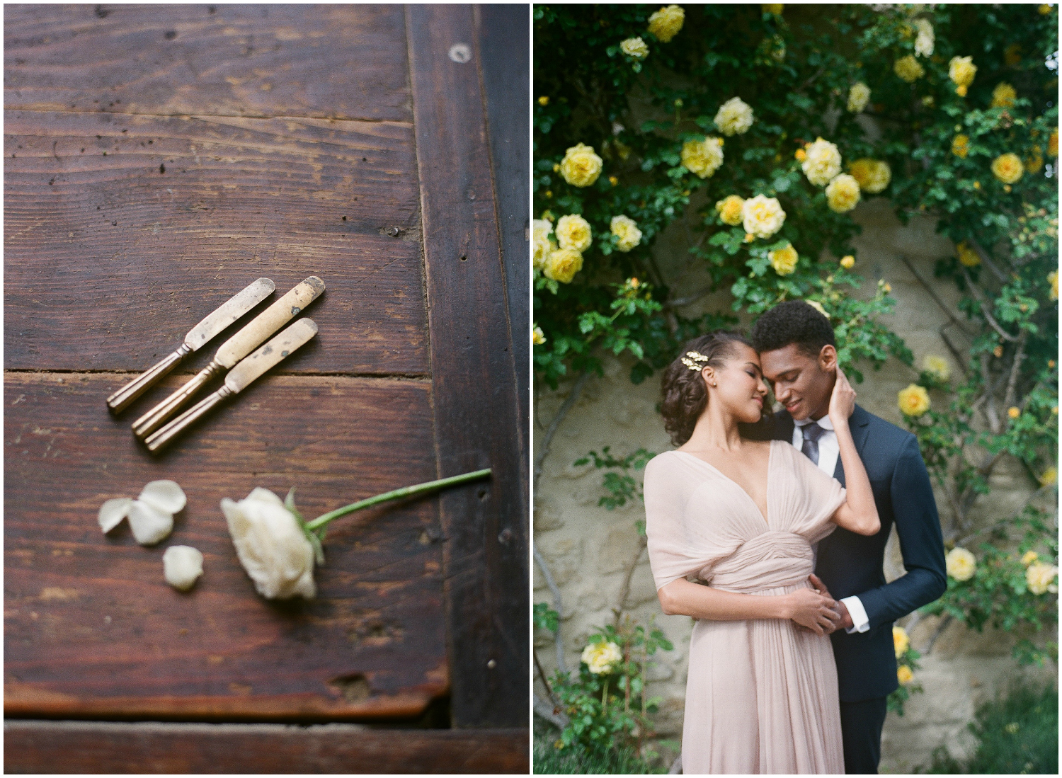 Beautiful and simple wedding details and couple hugging