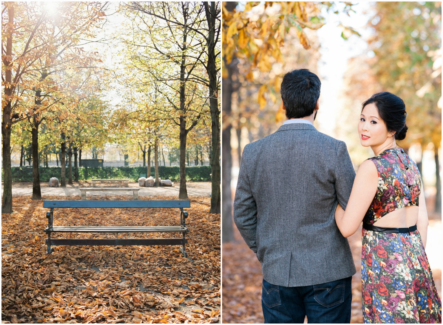 Paris engagement session in autumn with falling leaves at Tuileries Garden