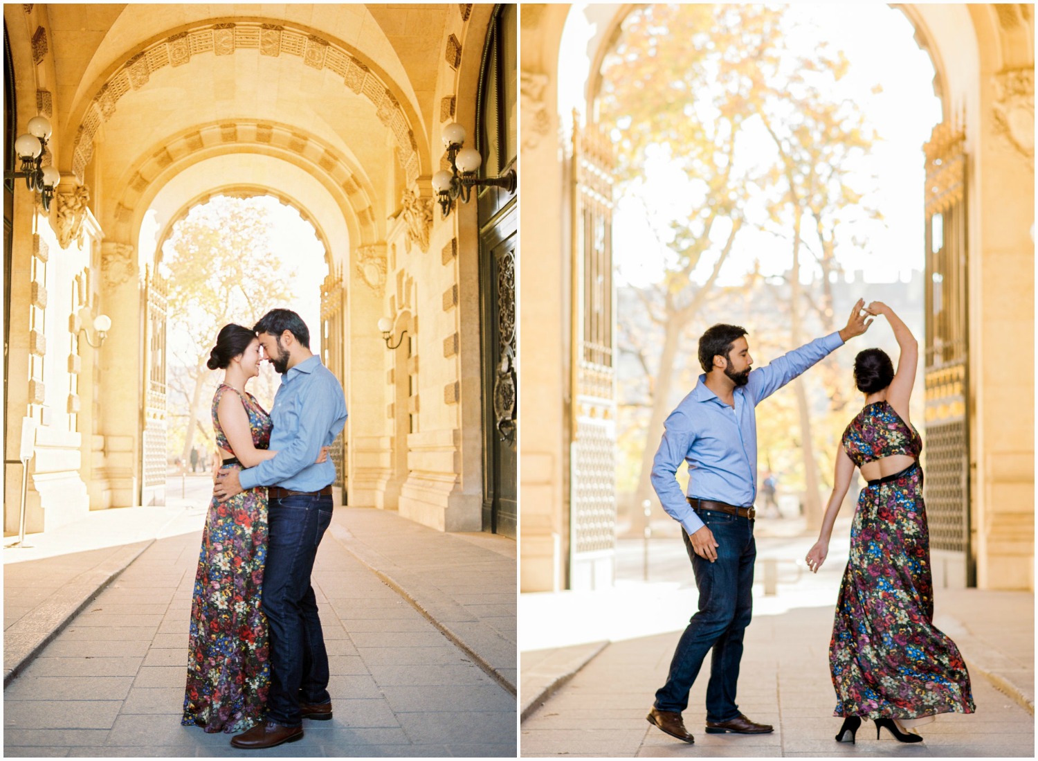 Bride and groom dancing under the Louvre arch under golden light autumn in Paris