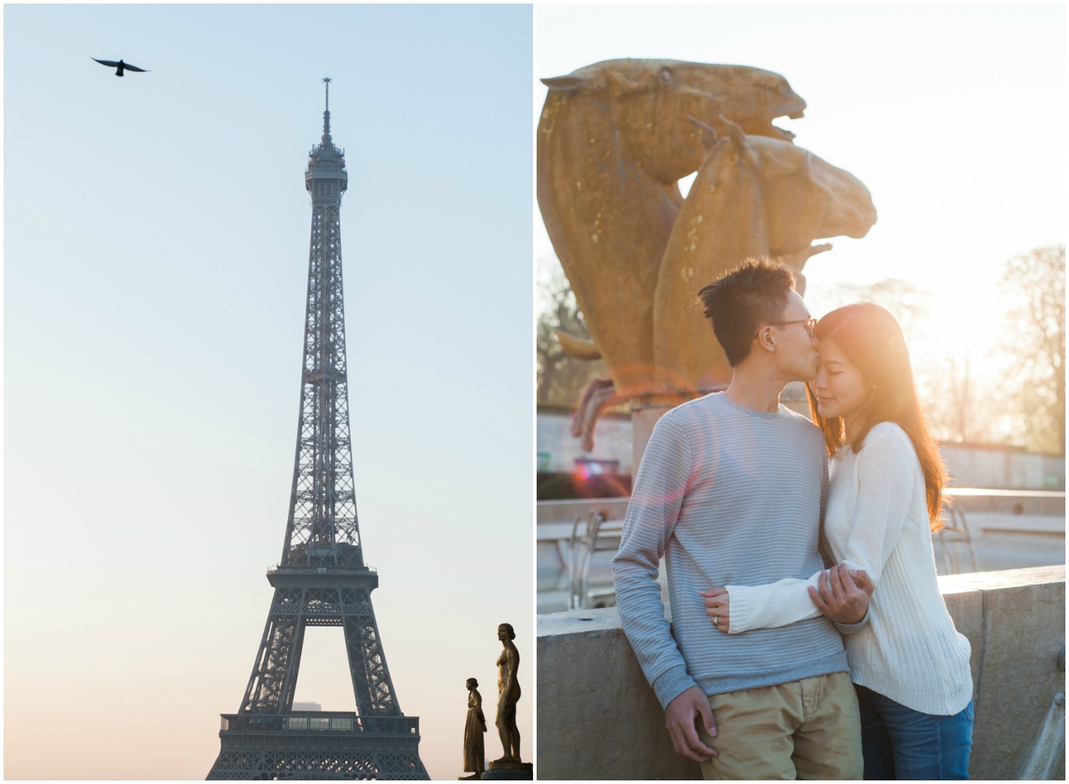 Eiffel Tower at dawn and couple kissing