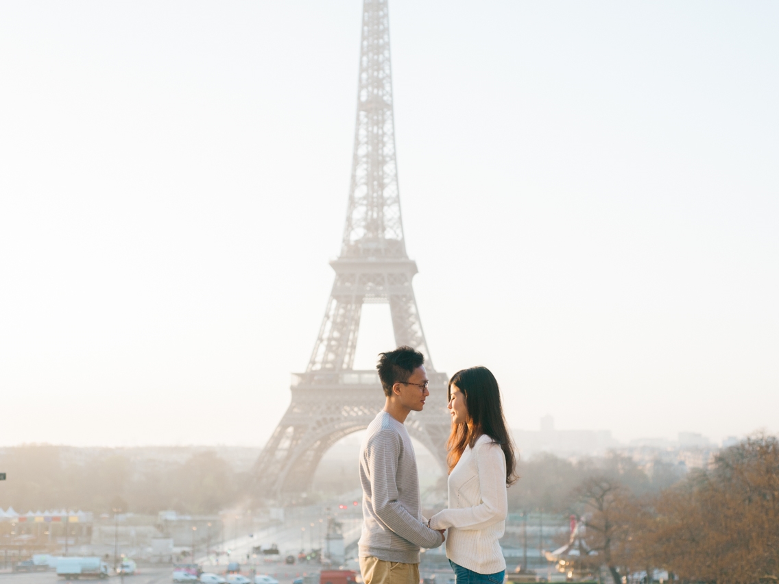 Engagement photo in front of the Eiffel Tower