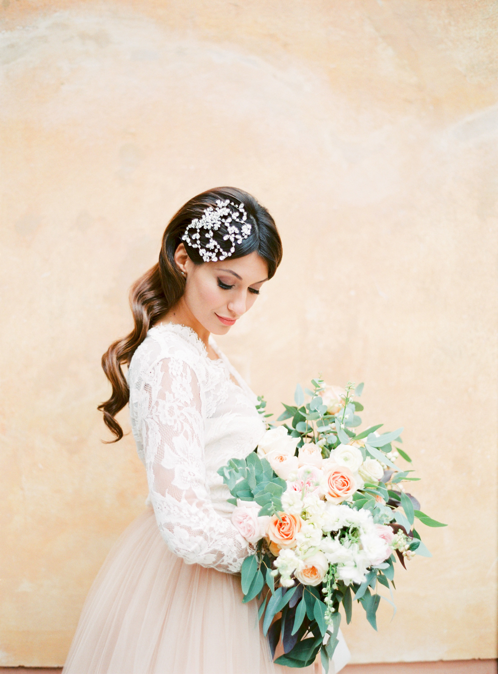 Blush lace and tulle wedding dress