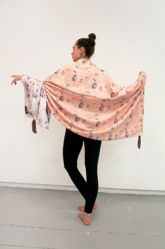 Zoe Williams. Cape Crème, 2011. Reversible hand dyed and digitally printed silk cape, with mink tail details. Approx 140 x 300 cm. Courtesy: Viktor Bucher