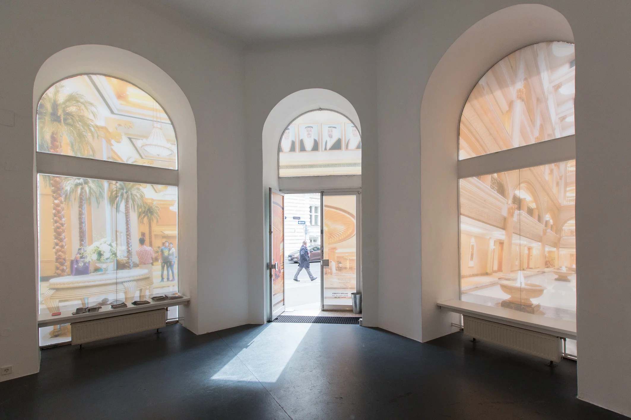 Exhibition view “Like the Deserts miss the Real", curated by Myriam Ben Salah, 2015, Galerie Steinek, Detail of GCC outdoor installation: The One and Only Madinat New Museum Royal Mirage, 2014, Photo : eSeL.at