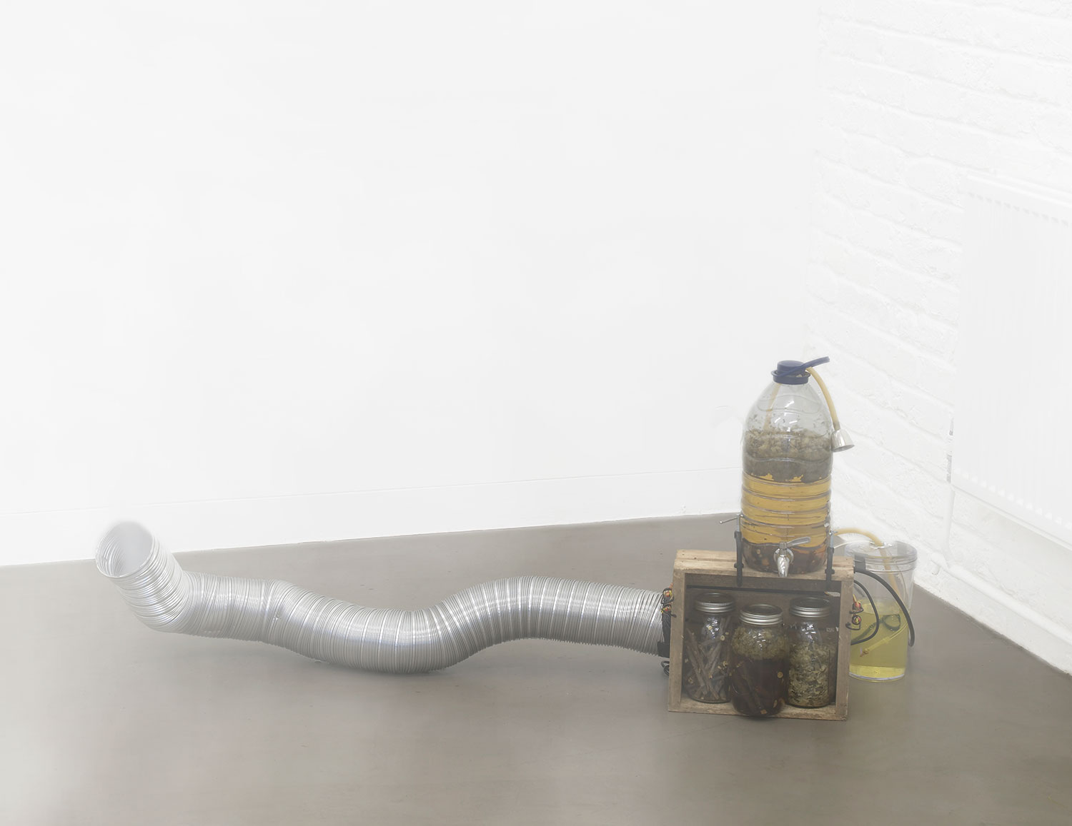 CANDICE LIN & PATRICK STAFF HORMONAL FOG (STUDY #1), 2016 Hacked fog machine and timer, liquorice hops, propylene glycol, alcohol, wood, metal, plastic, glass, latex, bungee cords, dimensions variable Courtesy the artists and Gasworks, Photo: Andy Keate