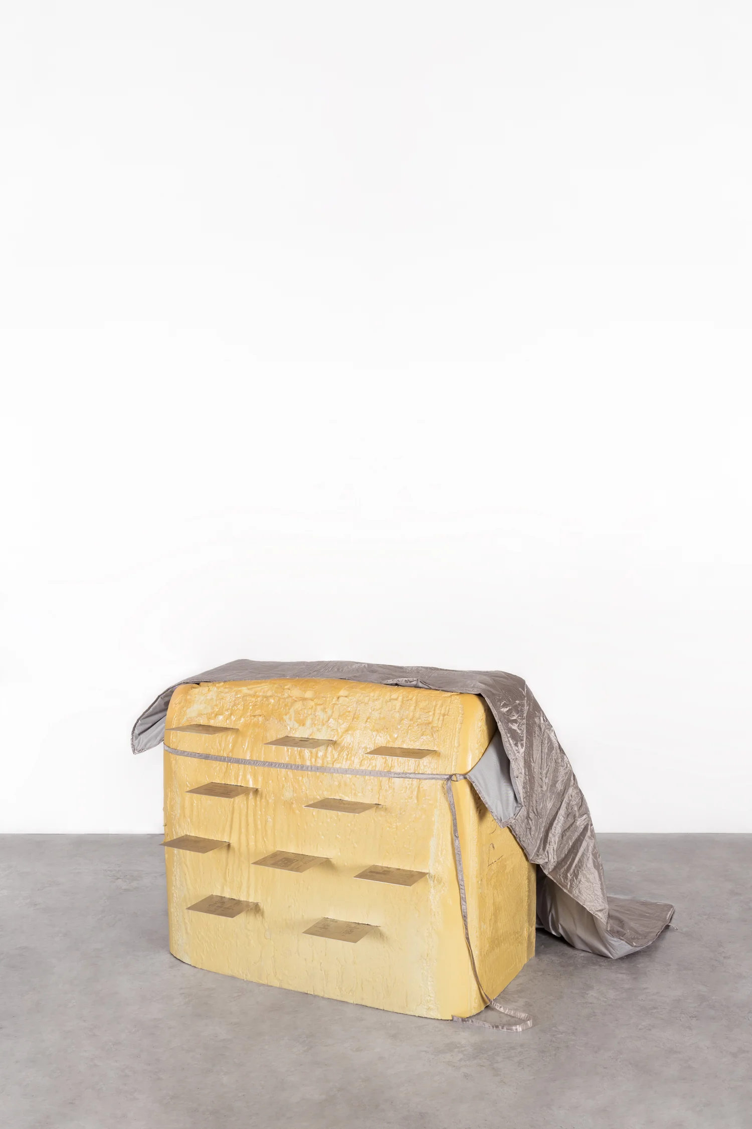 Memory Module B 2019 Marina Pinsky Embroidery on nickel, copper and silver-plated aluminum, polyester batting, steel hardware, polyisocyanurate foam, UV-cured inkjet print on aluminum, 116x134x70cm Courtesy of the artist and CLEARING New York, Brussels Photo: Eden Krsmanovic