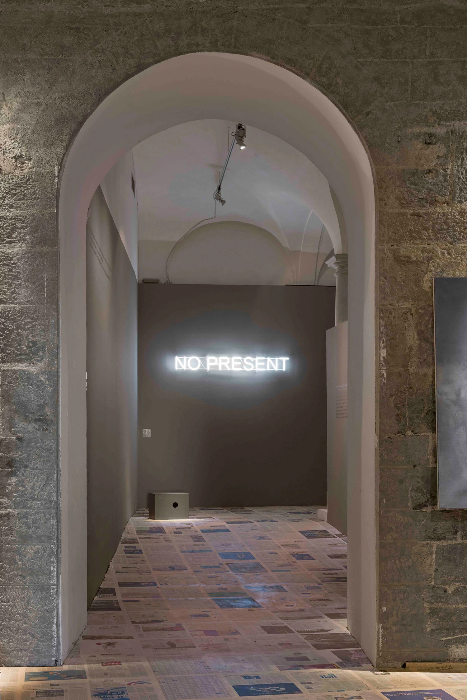 Newsfloor (Il Sole 24 ore) 2019 Claire Font aine Installation view with Untitled (Money Trap) 2015, Untitled (No Present) 2013, Claire Fontaine: La borsa o la vita, Palazzo Ducale, Loggia degli Abati, Genoa, 2019 Courtesy of the artist Photo: Anna Positano, 2019