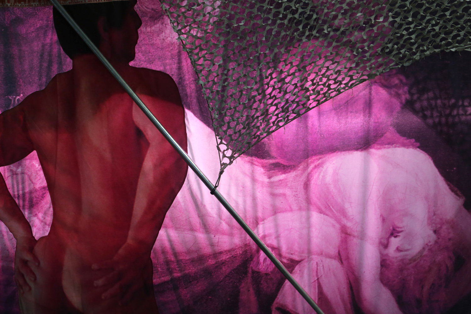 The Nightmare Having a Nightmare (After Ingo Swann) 2017 Richard John Jones Printed canvas/satin polyester, steel scaffolding, camouflage netting, dimensions variable Courtesy of the artist
