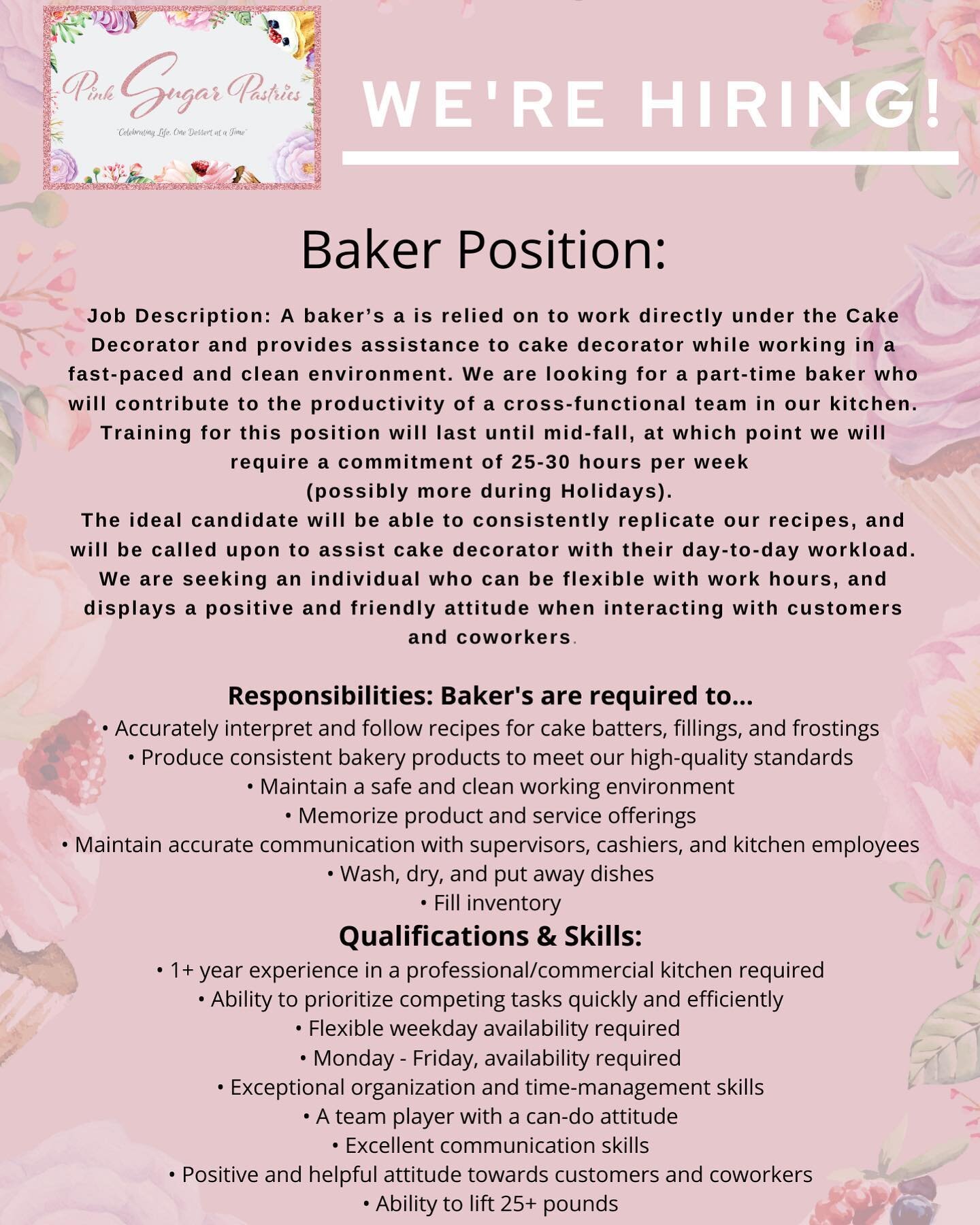 We&rsquo;re so excited to announce that we are hiring someone with a passion for baking🎉 Send us your resume to PinkSugarPastries@gmail.com or come into the store ❤️ We have two positions available AM 9-2pm&hellip; PM 3-7pm 
PLEASE READ ALL QUALIFIC