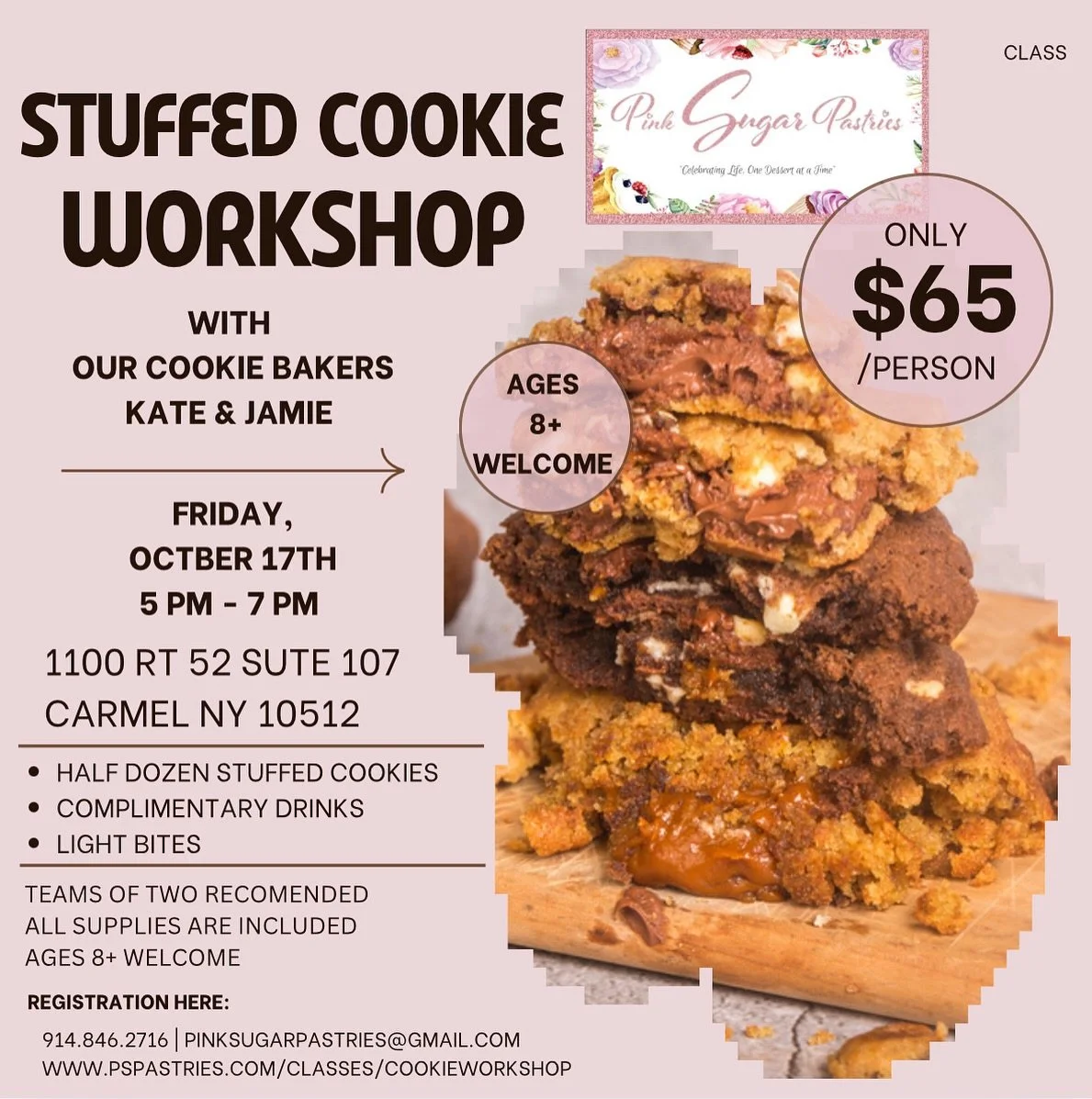 🍪✨ Stuffed Cookie Workshop! ✨🍪
Come bake with us on Friday, Oct 17th from 5&ndash;7 PM at Pink Sugar Pastries! Our cookie bakers Kate &amp; Jamie will teach you how to make 6 jumbo gooey, delicious stuffed cookies 🤩
@shimmersharkart  @sweet_treat_