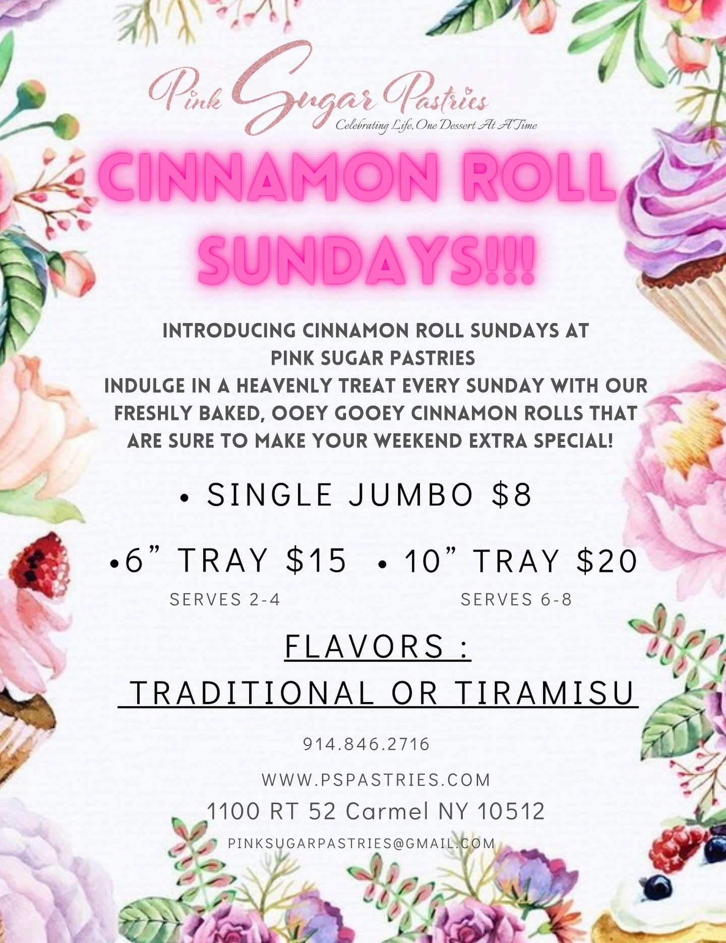 Cinnamon Roll Sundays are here to make your weekend extra sweet! ✨
Place your orders by Friday for Sunday morning pickup 💕

This week&rsquo;s flavors:
🍞 Traditional Cinnamon Rolls with silky cream cheese topping
☕ Tiramisu Cinnamon Rolls topped wit
