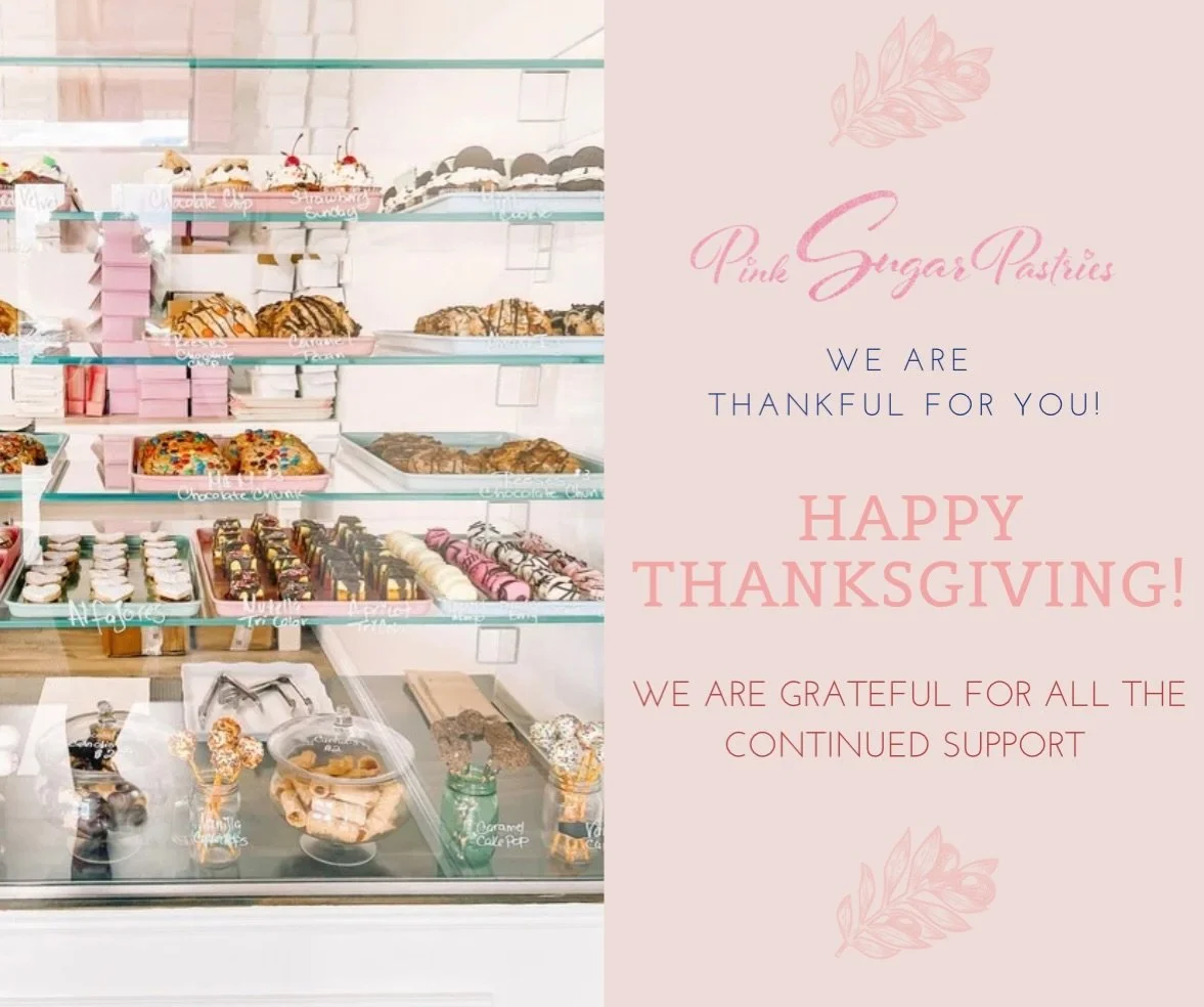 Happy Thanksgiving from Pink Sugar Pastries 🧡🥧
Thank you for filling our kitchen and our hearts with your love, support, and holiday orders. We are so incredibly grateful for each and every one of you. Because of you, our small business continues t