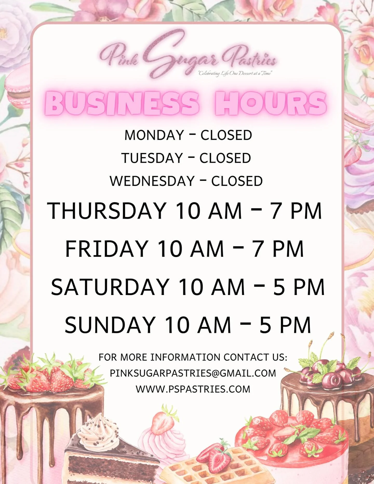 Pink Sugar Pastries BUSINESS HOURS
Starting January 8th