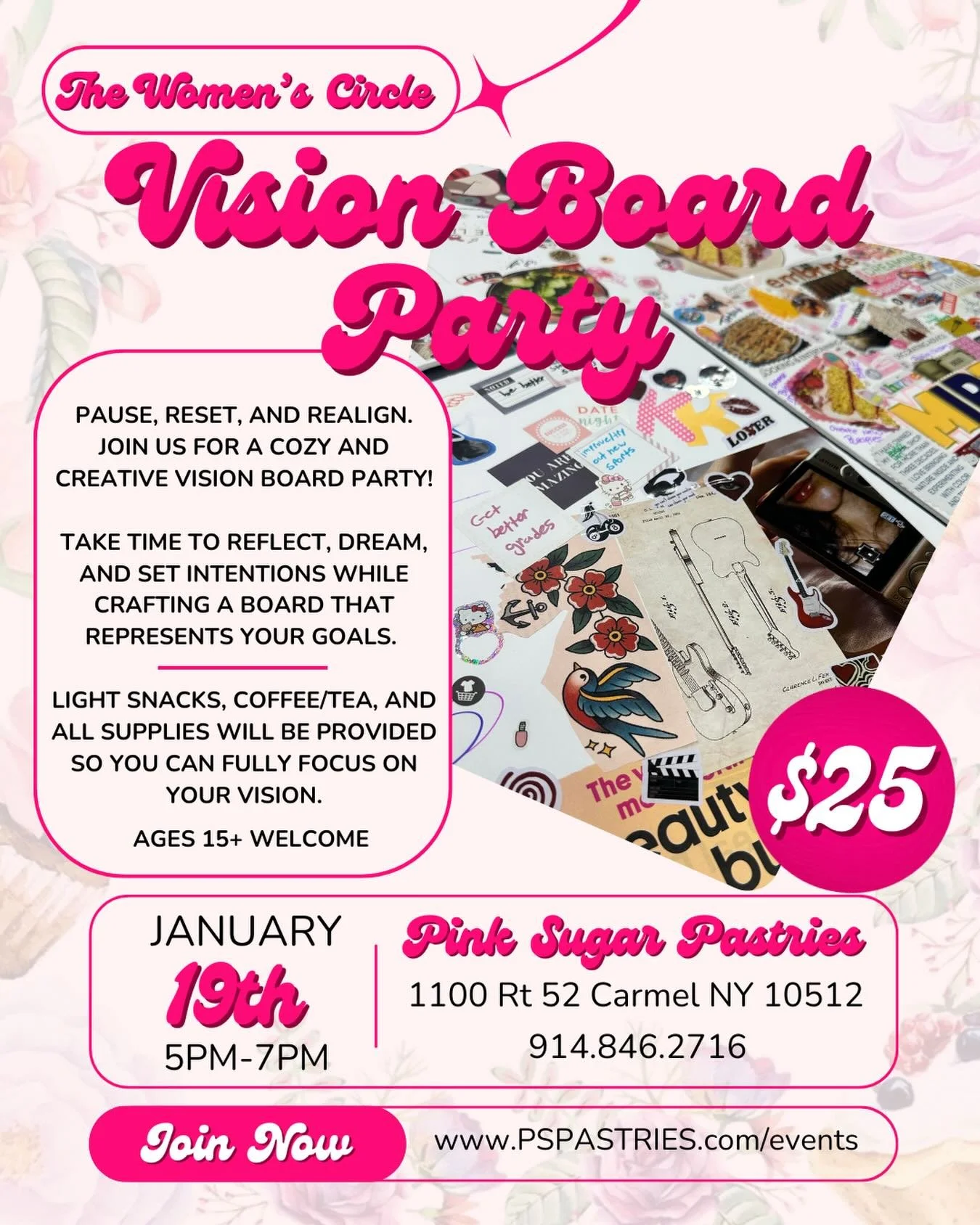 ✨ The Women&rsquo;s Circle: Vision Board Party ✨

Pause. Reset. Realign.
Join us for a cozy and creative evening where intention meets inspiration 💭💖

Create a vision board that reflects your goals, dreams, and the life you&rsquo;re manifesting for