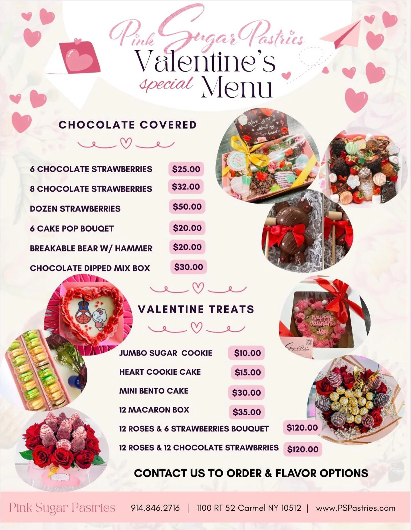 💕🍓 Love is in the air at Pink Sugar Pastries! 🍫💘
Our Valentine&rsquo;s Special Menu is here and it&rsquo;s filled with all things sweet, romantic, and chocolate covered 😍 From strawberries and cake pop bouquets to heart cookie cakes, macarons, a
