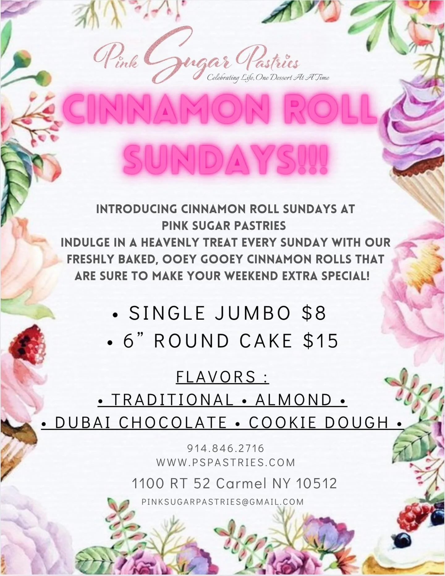 ✨ This weeks CINNAMON ROLL SUNDAY Menu ✨
Fresh, fluffy, ooey gooey cinnamon rolls baked every Sunday 💗
Choose a jumbo roll which serves 2-3 or our 6&rdquo; cinnamon roll cake which serves 4-6, perfect for sharing (or not 😉)

https://www.pspastries.