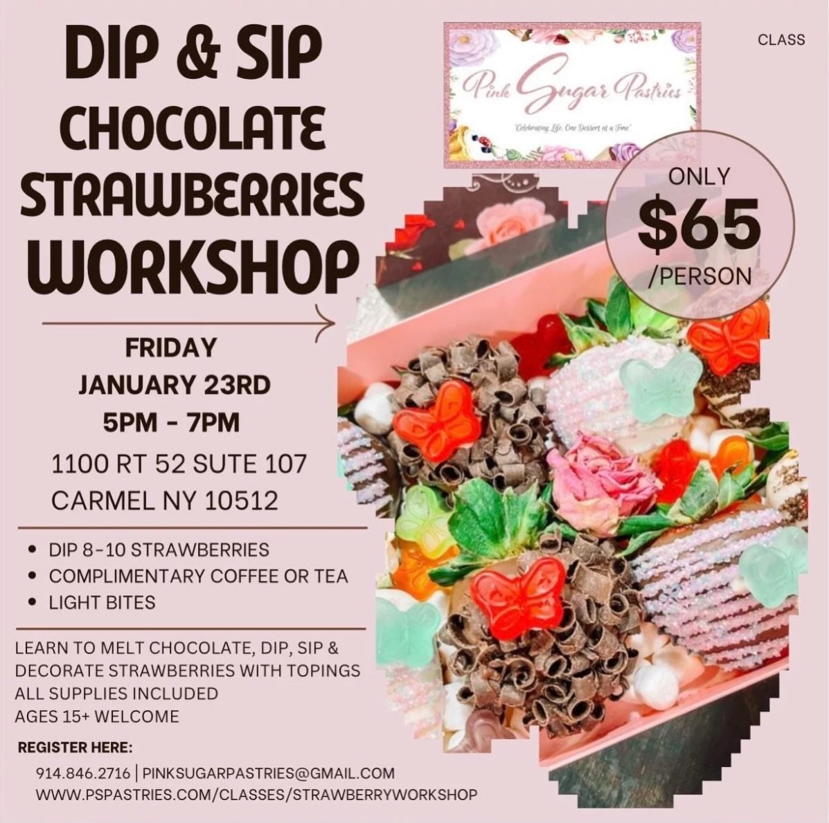 🍓🍫 Dip, Sip &amp; Create with Us! 🍫🍓
Join us at Pink Sugar Pastries for a fun and delicious Chocolate-Covered Strawberry Workshop! Learn how to melt chocolate, dip and decorate 8&ndash;10 strawberries with fun toppings while enjoying complimentar