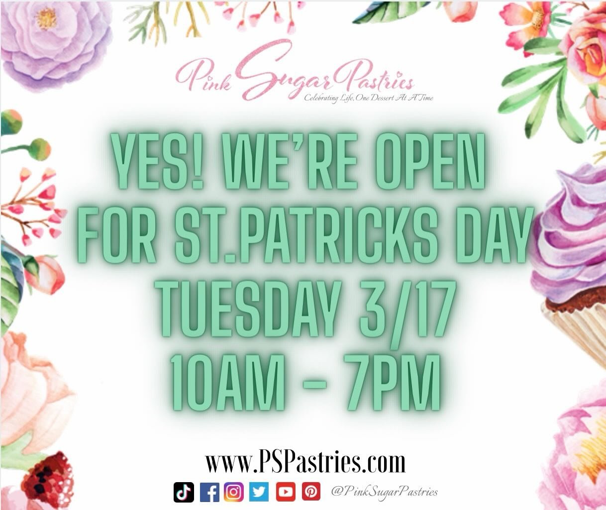 🍀 YES, we&rsquo;re OPEN this St. Patrick&rsquo;s Day! 🍀

Stop by on Tuesday 3/17 from 10AM&ndash;7PM and treat yourself to something sweet 💚✨ Whether you&rsquo;re celebrating or just craving dessert, we&rsquo;ve got you covered!

📍 Pink Sugar Pas