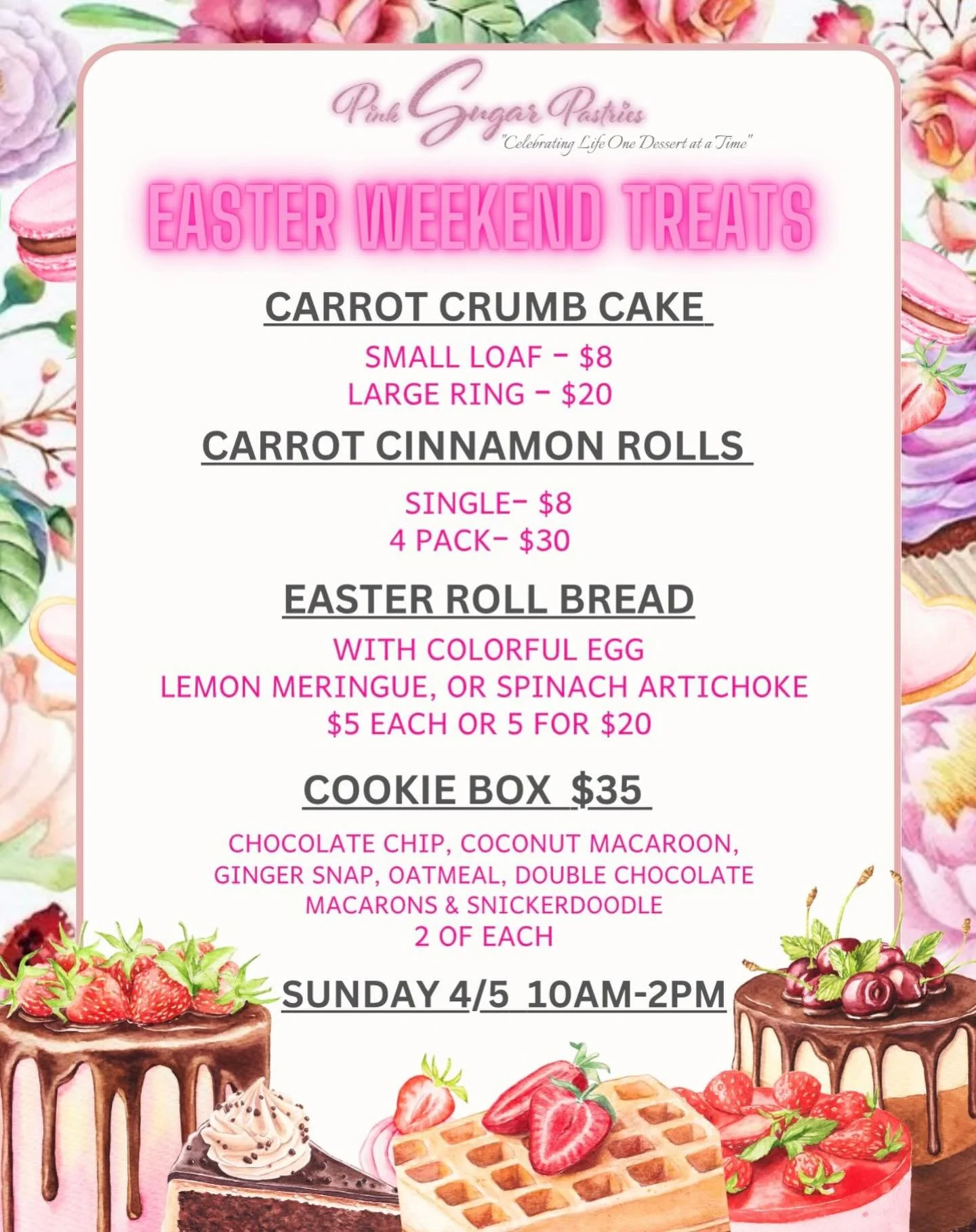 Easter weekend is looking extra sweet at Pink Sugar Pastries 💕🐣
We&rsquo;ll be OPEN this Sunday from 10AM&ndash;2PM with all your festive favorites ready for you! From carrot crumb cake to our carrot cinnamon rolls, Easter roll breads, and our deli