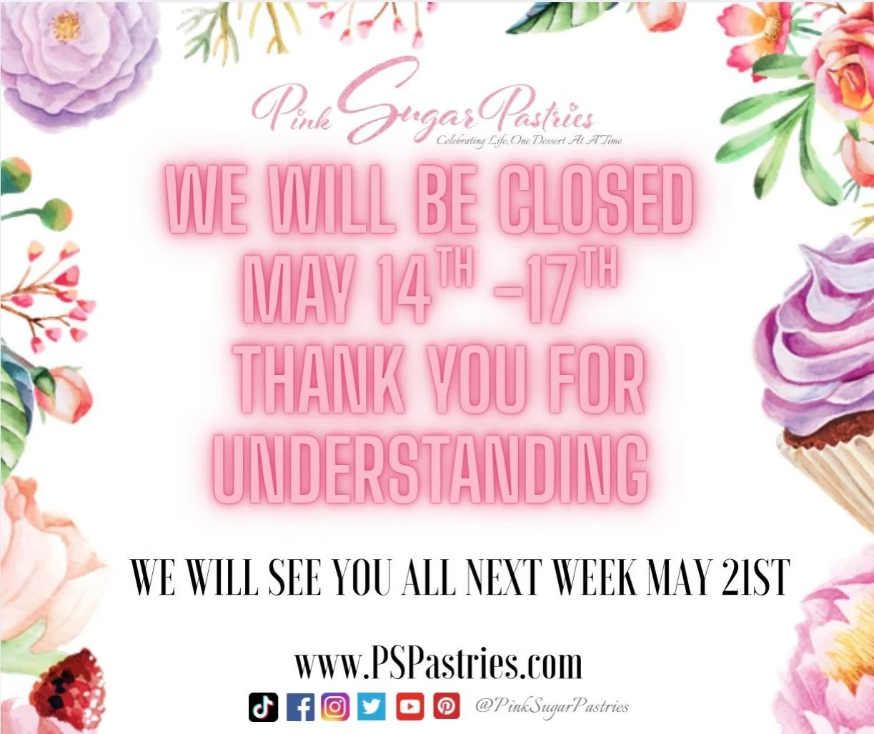 Pink Sugar Pastries will be CLOSED from May 14th - May 17th 🩷

We are beyond grateful for the overwhelming amount of orders, events, and opportunities coming our way this week! Between custom creations and exciting events we&rsquo;ll be participatin