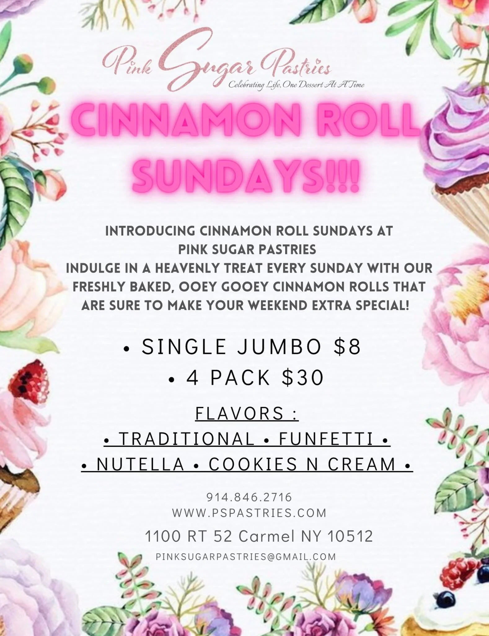 Cinnamon Roll Sundays!!! Available every Sunday, Pre-Order Only 
📱- 914.846.2716
📧- PinkSugarPaatries@gmail.com
👩&zwj;💻- https://www.pspastries.com/events/cinnamonsunday