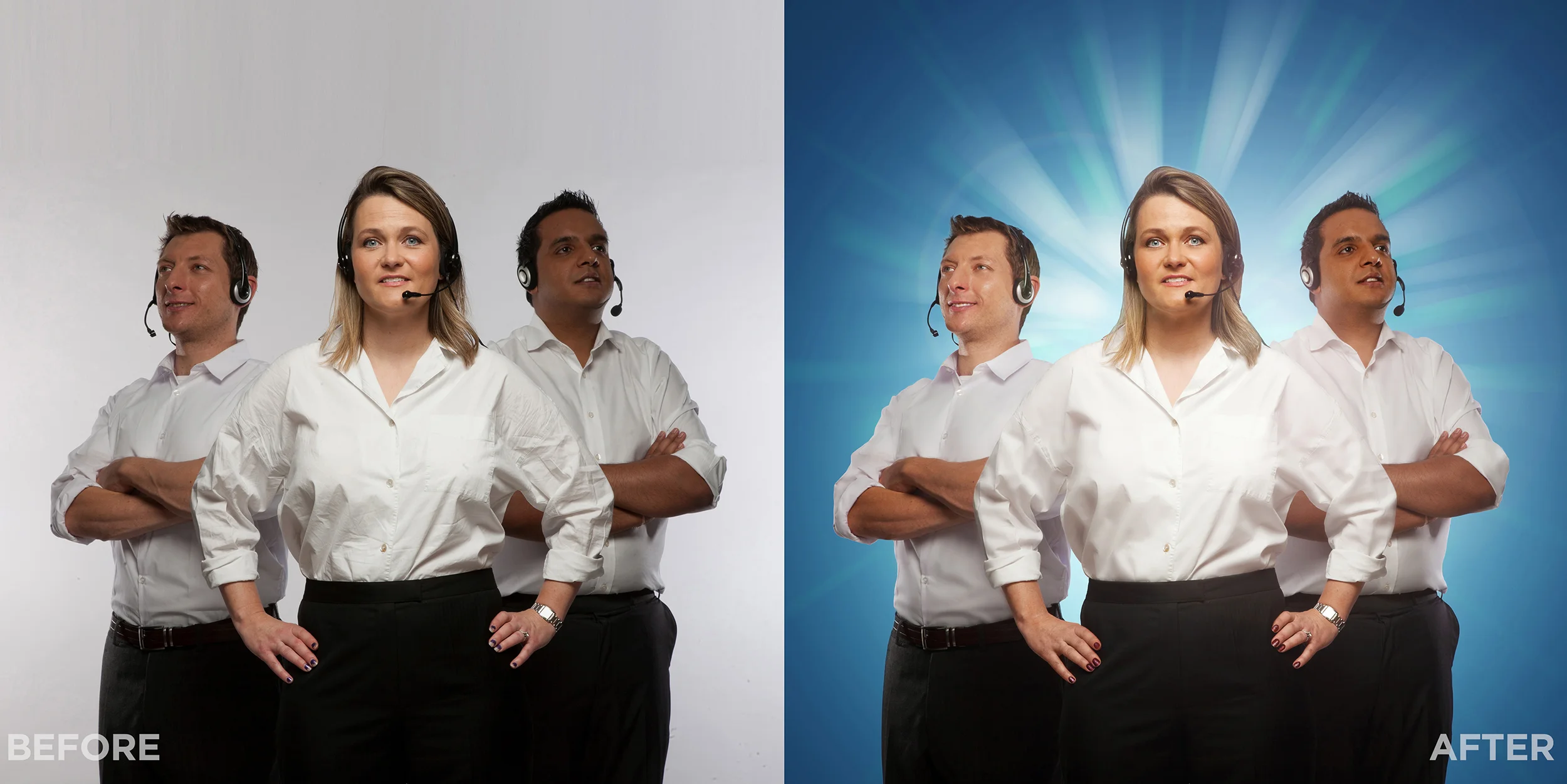 Satmetrix Xperience Photoshoot: Part of our Xperience campaign was to shoot the Satmetrix staff and place them onto a variety of coloured backgrounds. The retouch involved blemish removal and subtle smoothing of the skin, tidying of hair and nail varnish and ‘ironing’ the shirts. We then adjusted curves to balance out the tones of the shot and added a sunburst and lens flare.