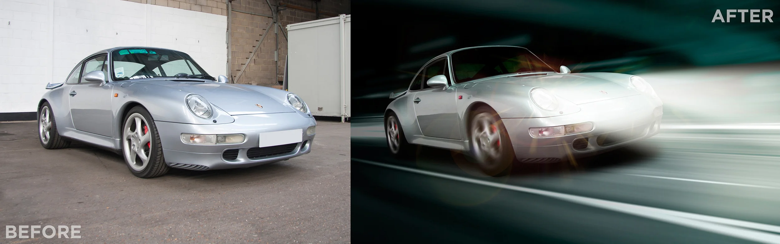 Automotive retouching: Isolate car onto new background. Add headlights with lens flare and emulate speed using various blur techniques on the wheels and background