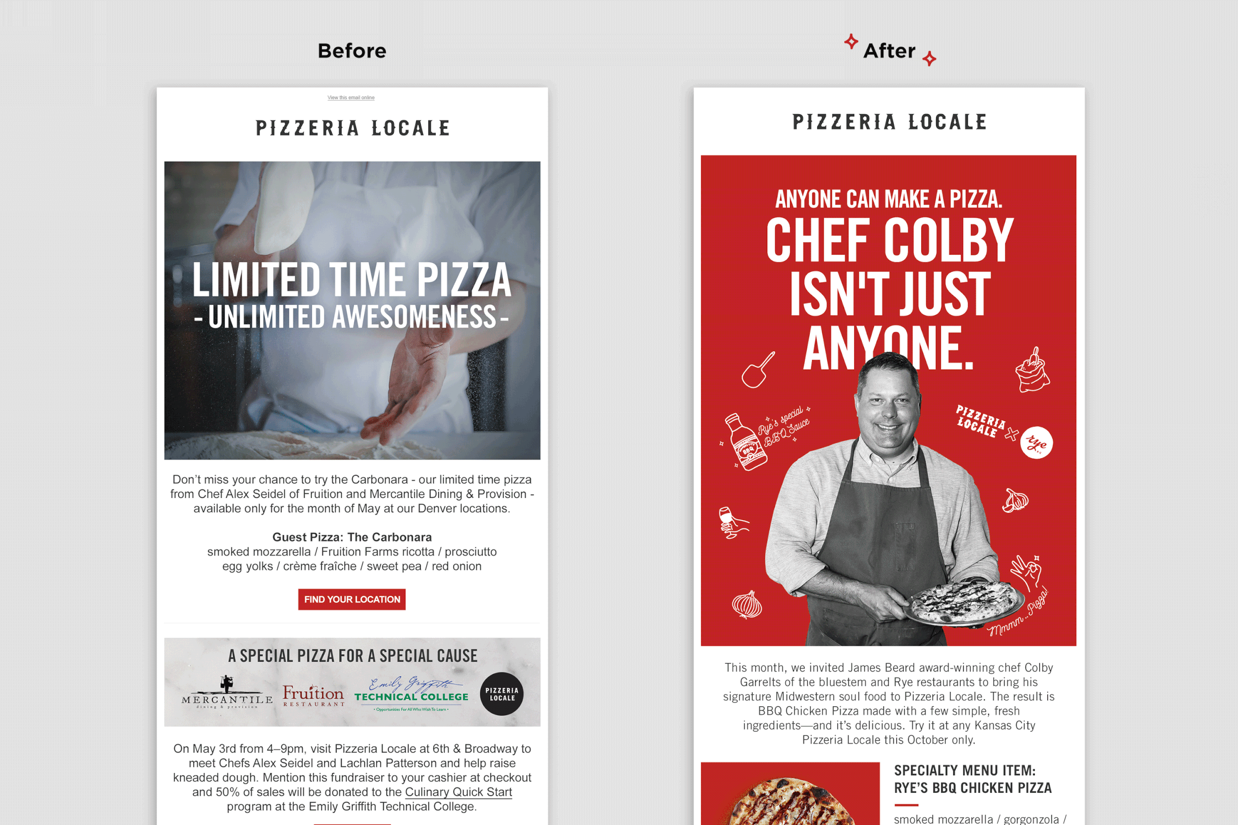 While keeping the core branding like logo and font, I added some secondary graphic elements. Illustrations highlighting ingredients and a bold red added a fun and playful personality to the brand.