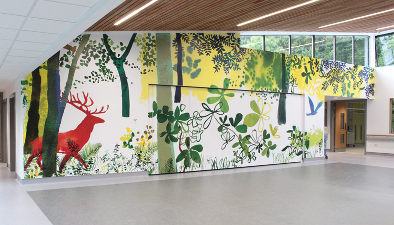 Central ward Forest scene with the stag. Watercolour and collage printed on to vinyl 13m x 4m
