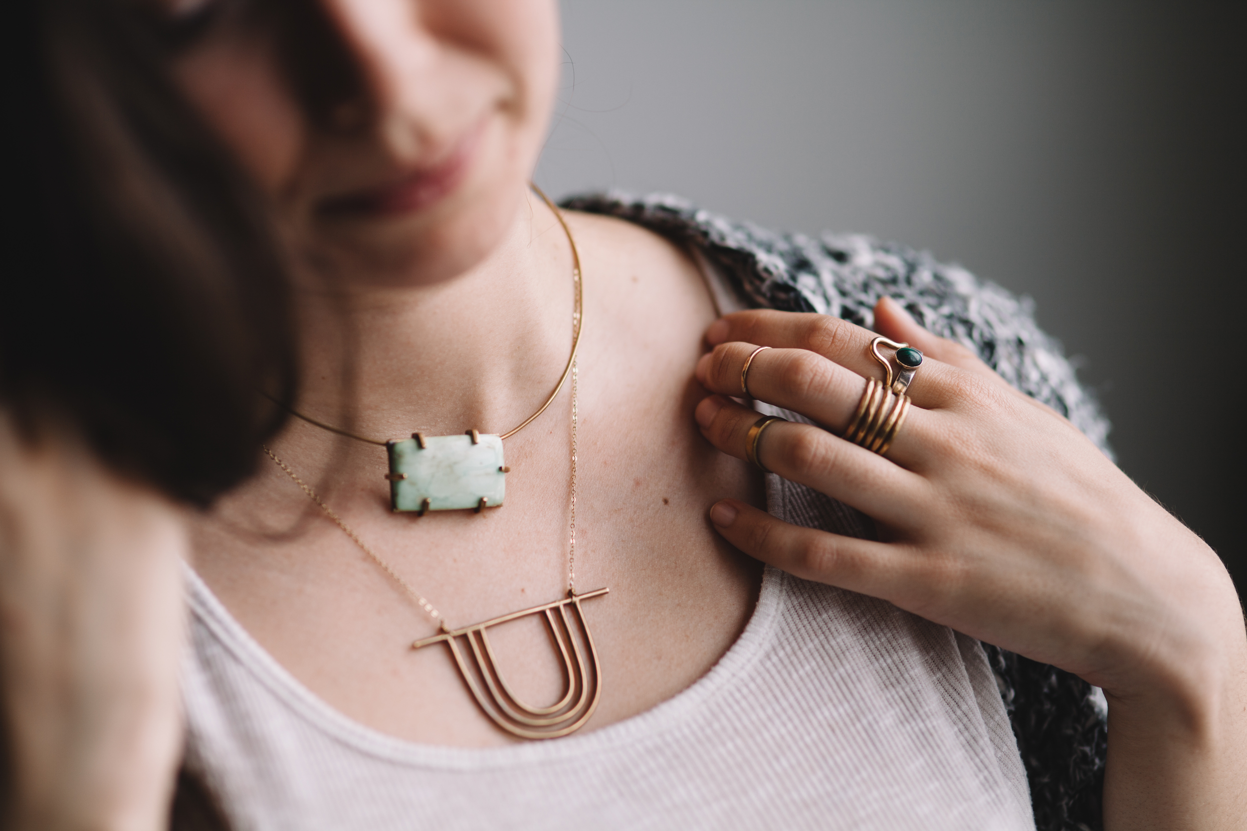 peruvian opal stone choker, sunset pendent and stacking rings 