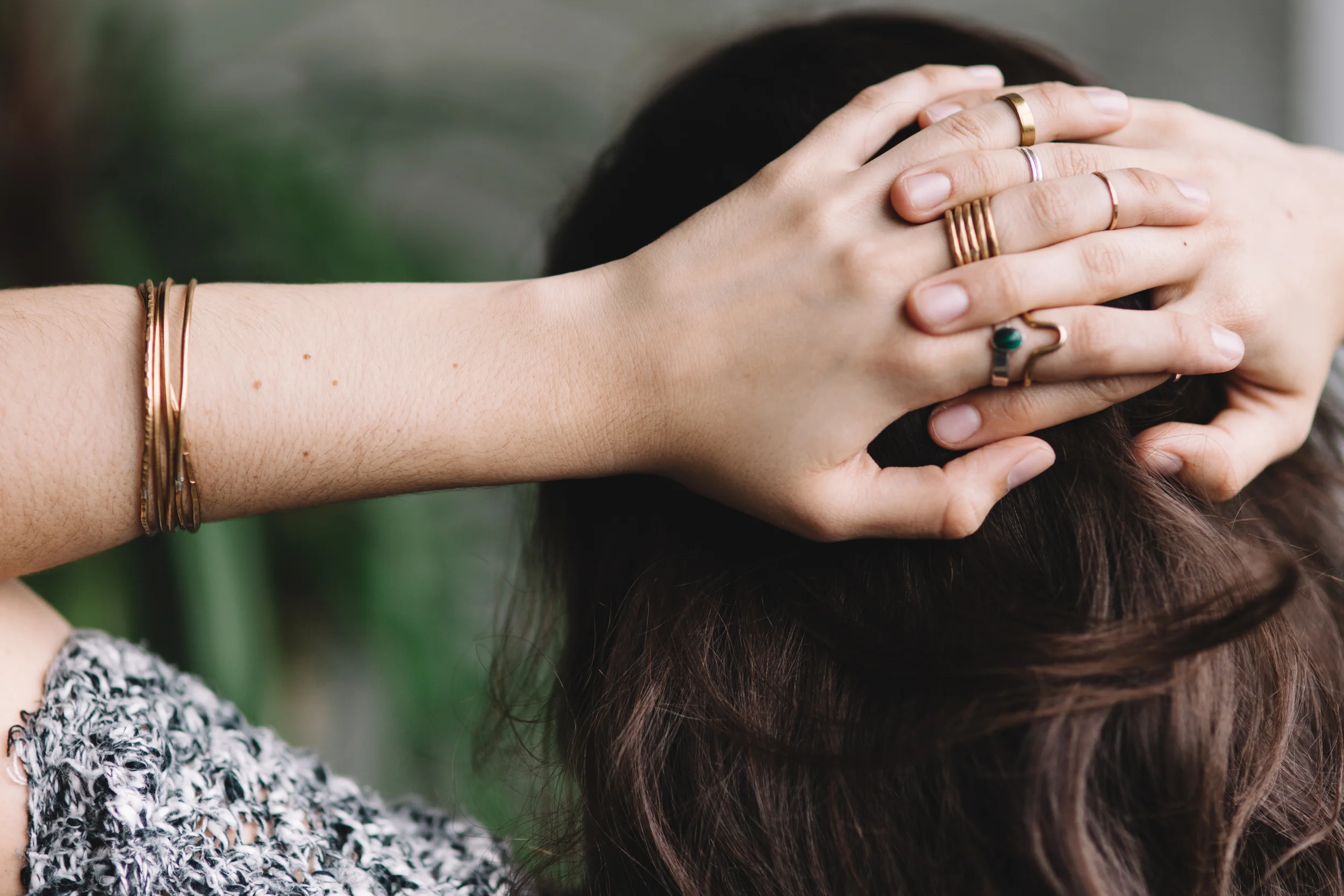 silver and bronze stacking rings, bronze entwine bangle, stone sunrise ring