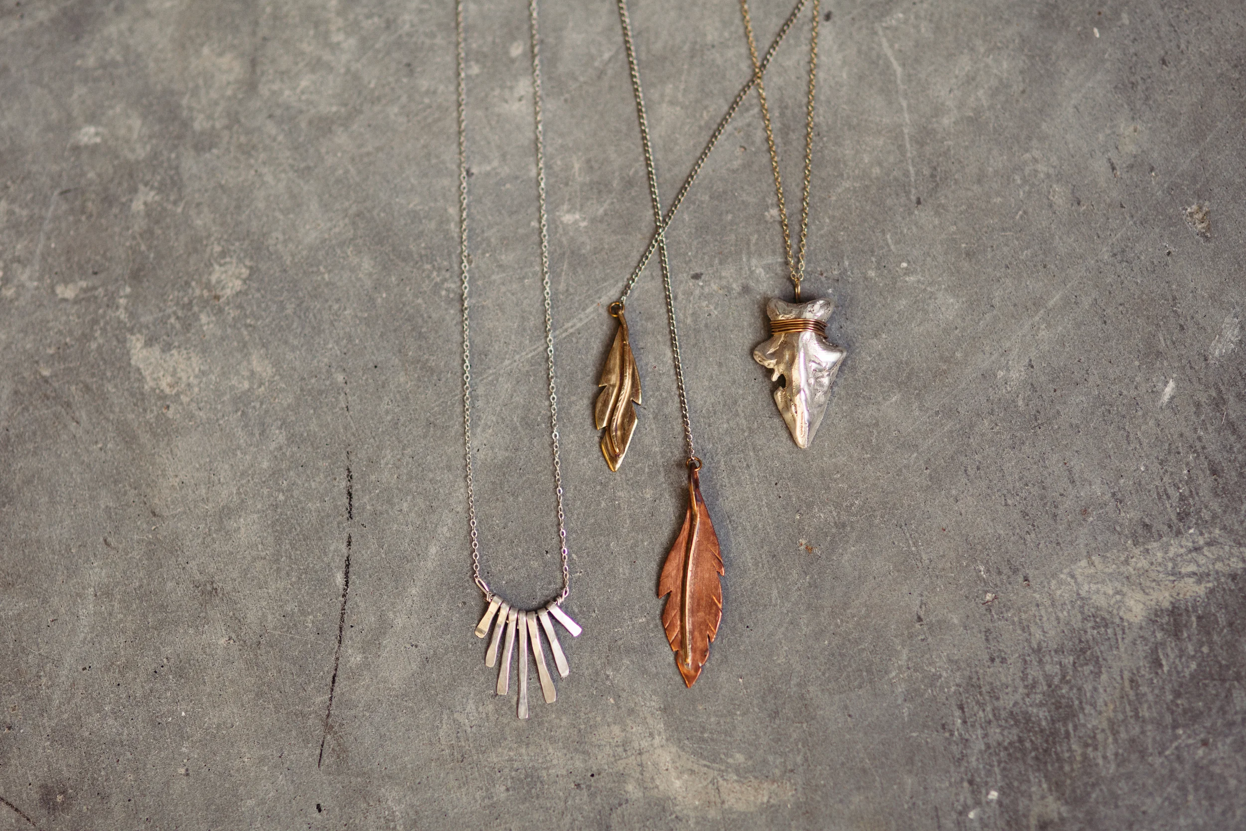 silver fringe necklace, feather lariat necklace, silver arrowhead necklace