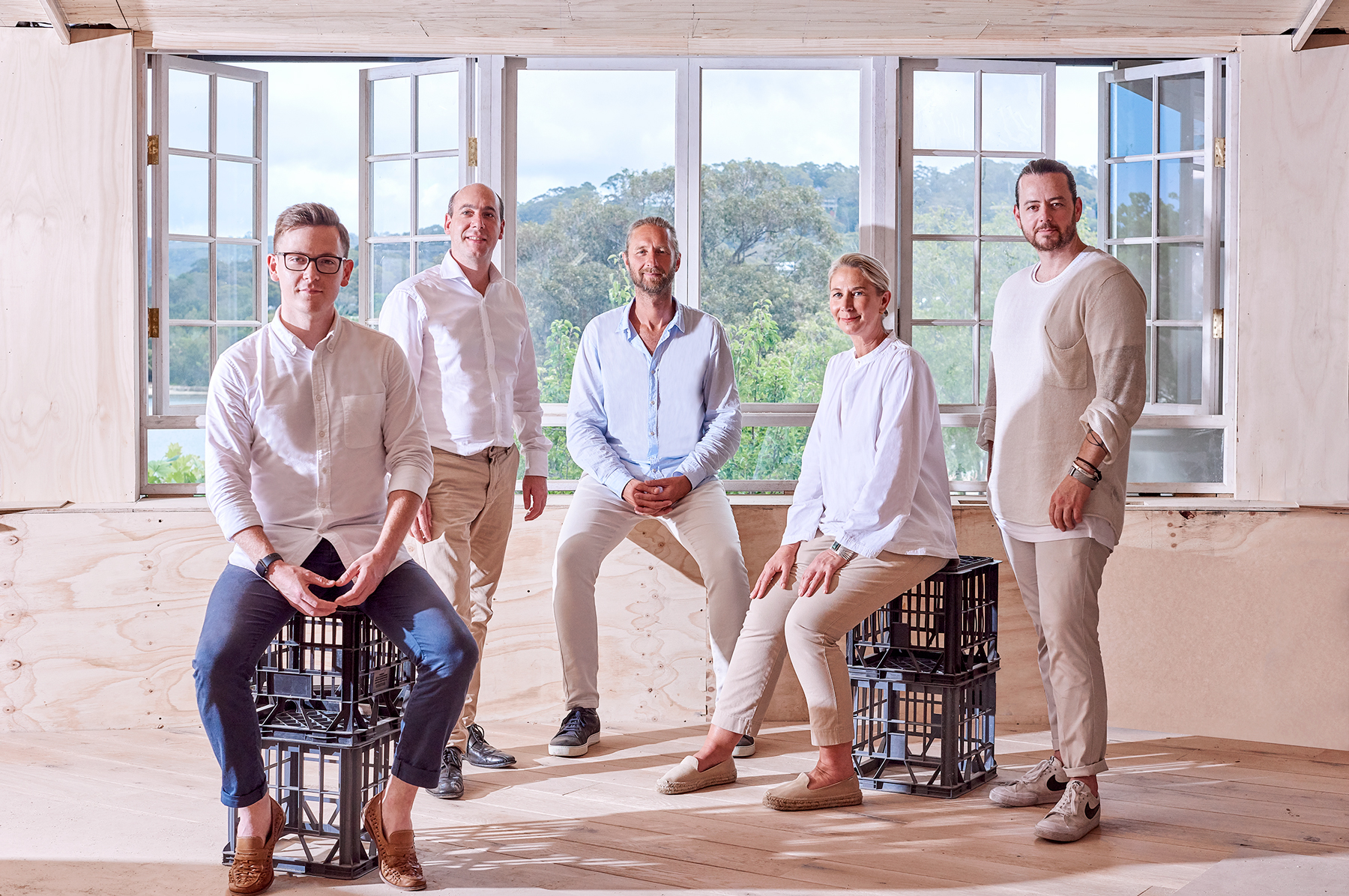 Merivale, The Newport. Group Bars Manager Sam Egerton, Group Sommelier MS Franck Moreau, CEO Justin Hemmes, Bettina Hemmes and Executive Chef Jordan Toft