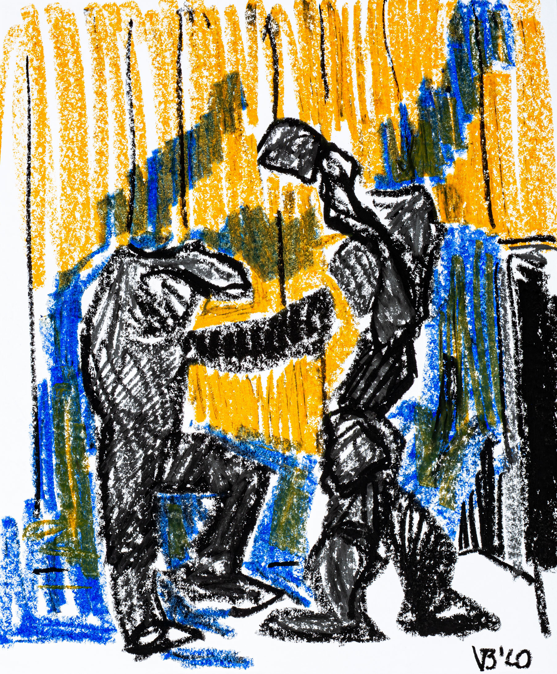 Fight of Wooden Figurines, 2020 - oil pastel on paper, 14x17in