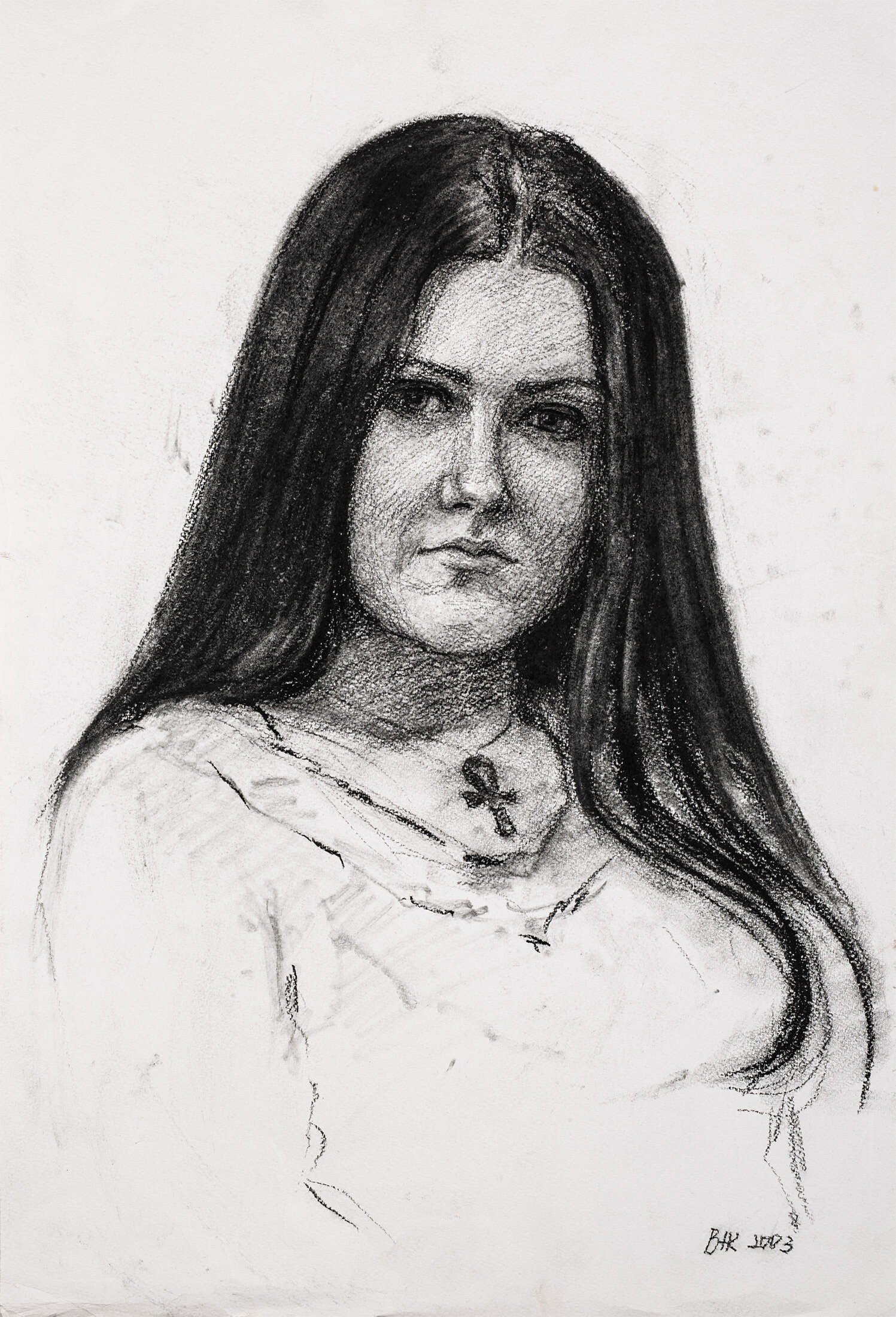 Portrait of a Girl Wearing an Egyptian Cross, 2003 - charcoal on paper