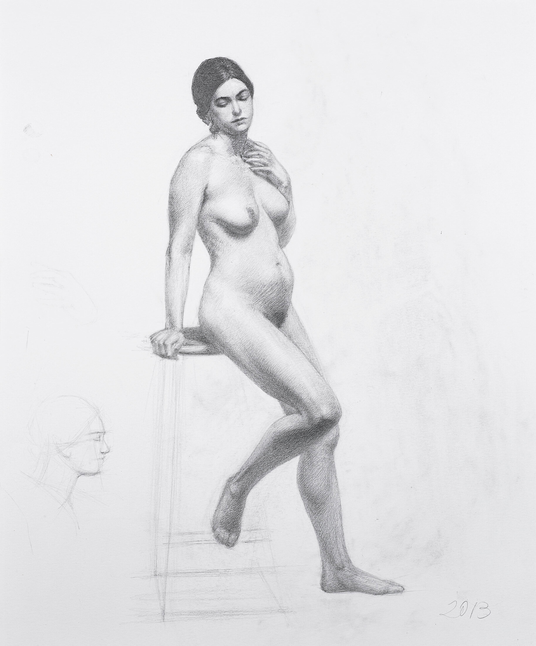 Nude Leaning on a Stool, 2013 - graphite pencil on paper