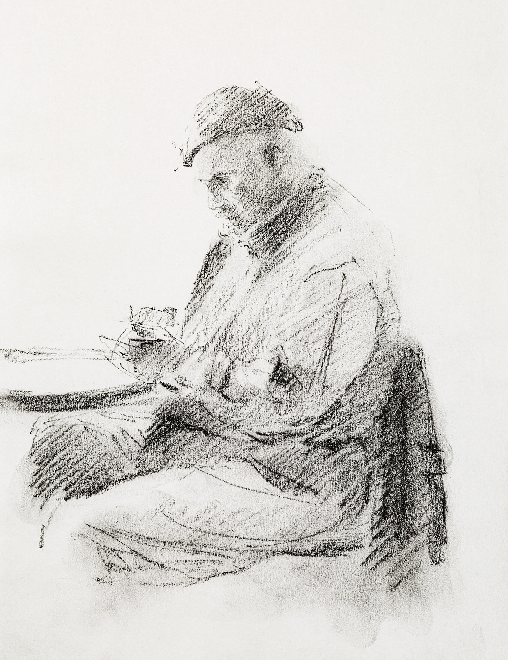 Portrait of an Old Man in a Beret, 2012 - charcoal pencil on paper