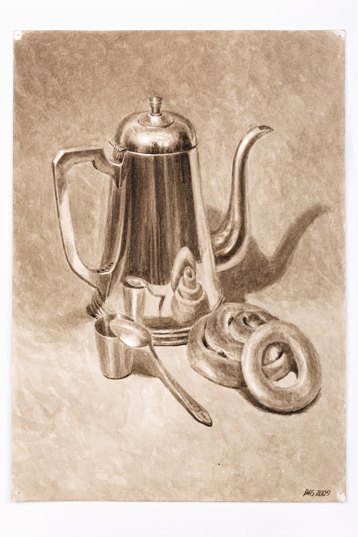 Still Life with a Coffee Pot and Pastries, 2009 - pencil and watercolor on paper