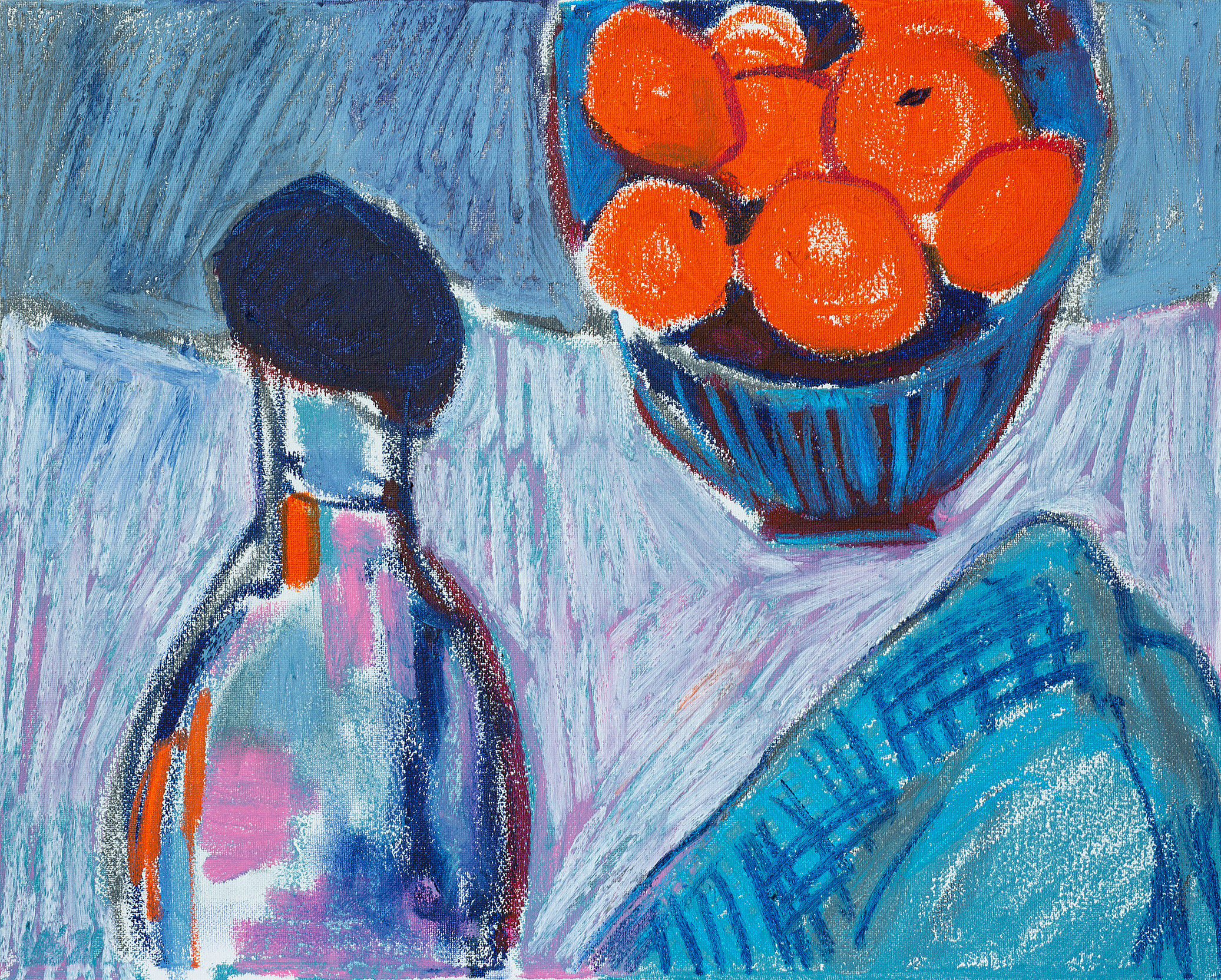 Still Life with Tangerines, Jar and Kitchen Towel, 2021 - tempera sticks on canvas, 20x16in 