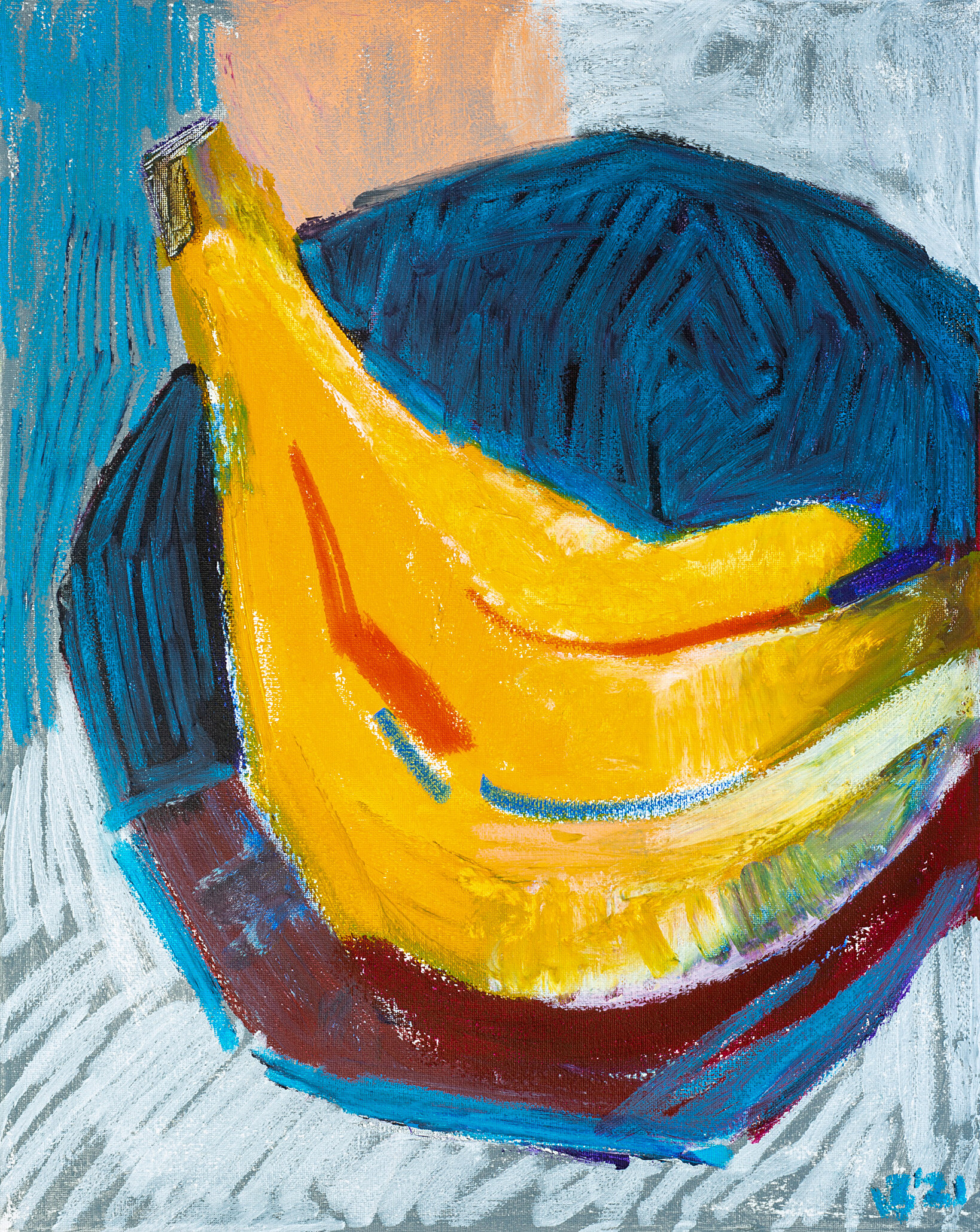 Blue Bowl with Bananas, 2021 - tempera sticks on canvas, 16x20in