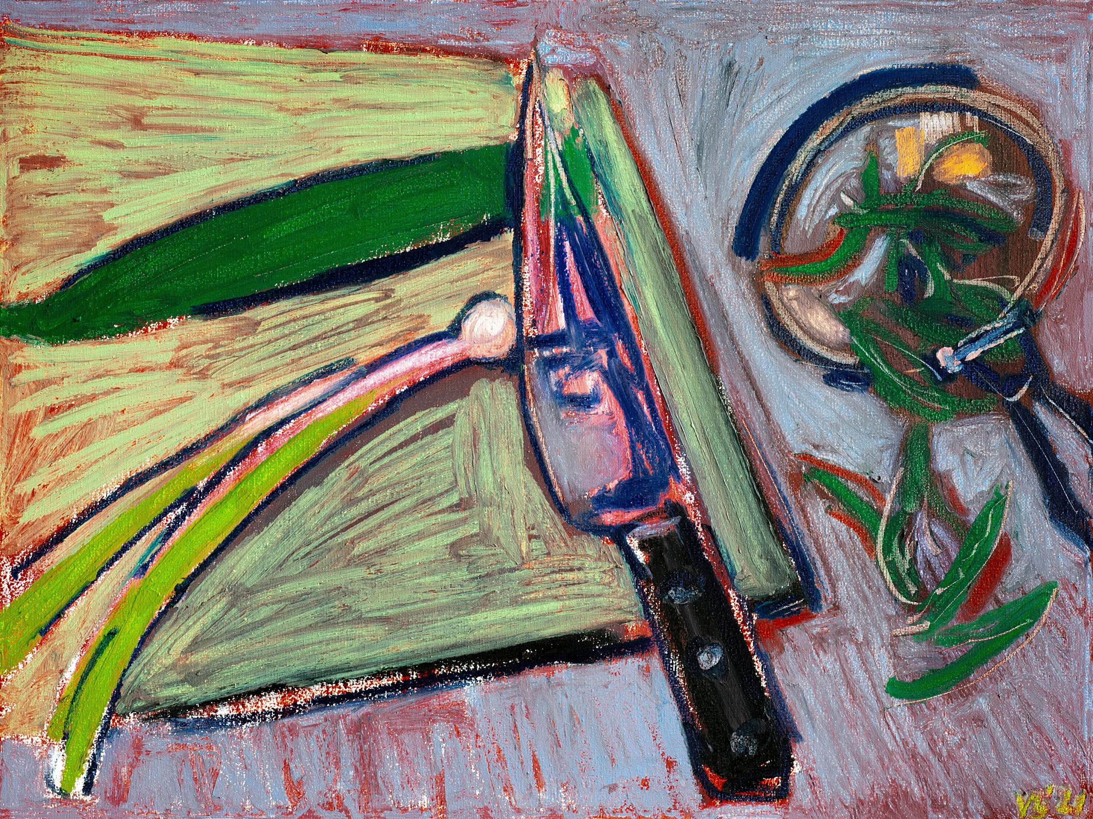 Still Life with Chef's Knife and Cucumber, 2021 - tempera sticks on canvas, 24x18in